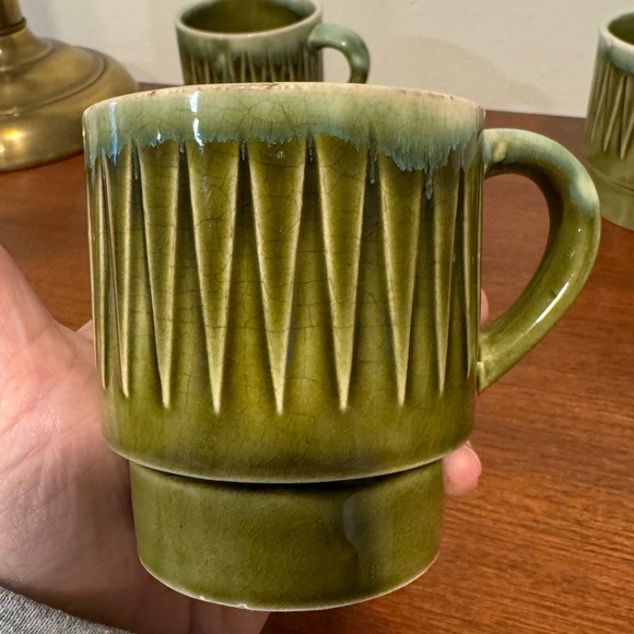 Set of four Vintage Green Drip Glaze Coffee Mugs stackable made in Japan 60s 70s - Picture 5 of 9